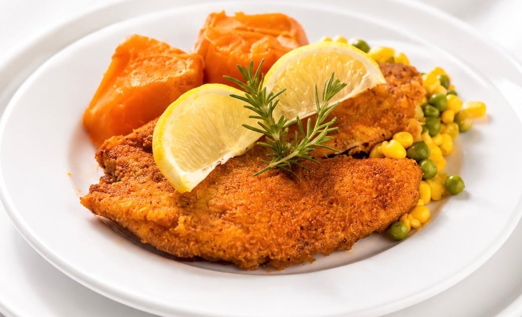 Restaurant-style breaded fish entrée with vegetables served at Sunny Rose Senior Living's award-winning dining program